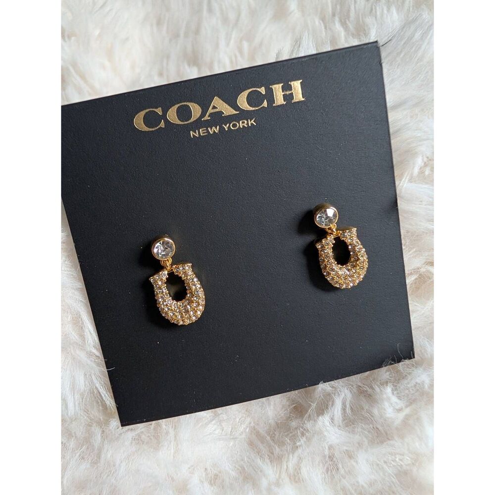 COACH Signature Gold Pave C Stud Dangle Earrings